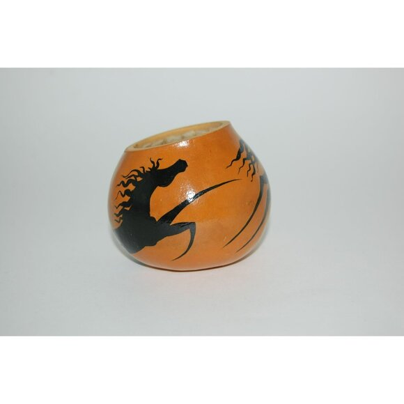 Handpainted Gourd Art Running Sleek Black Stallion Horse Signed BC 92 - Picture 6 of 9